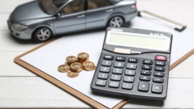 car model calculator and coins on white table